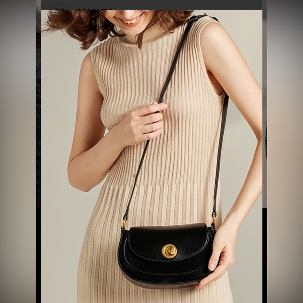 Talbots Black Leather half moon crossbody turnlock purse